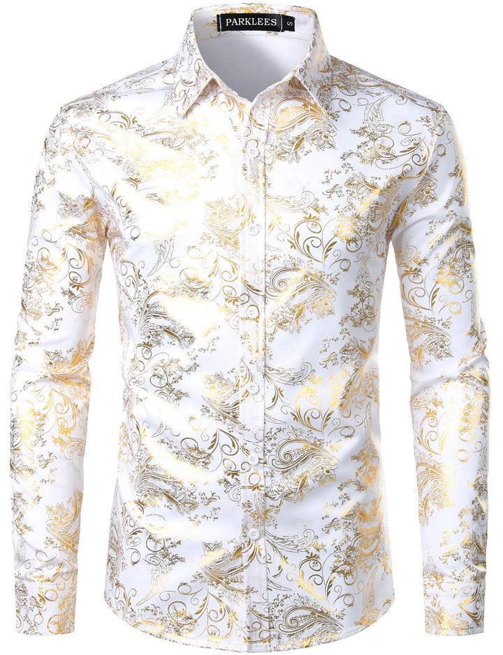 PARKLEES Herren Luxus Paisley Gemustert Golden Glänzend Slim Fit Freizeithemd L Weiss Golden, L Weis