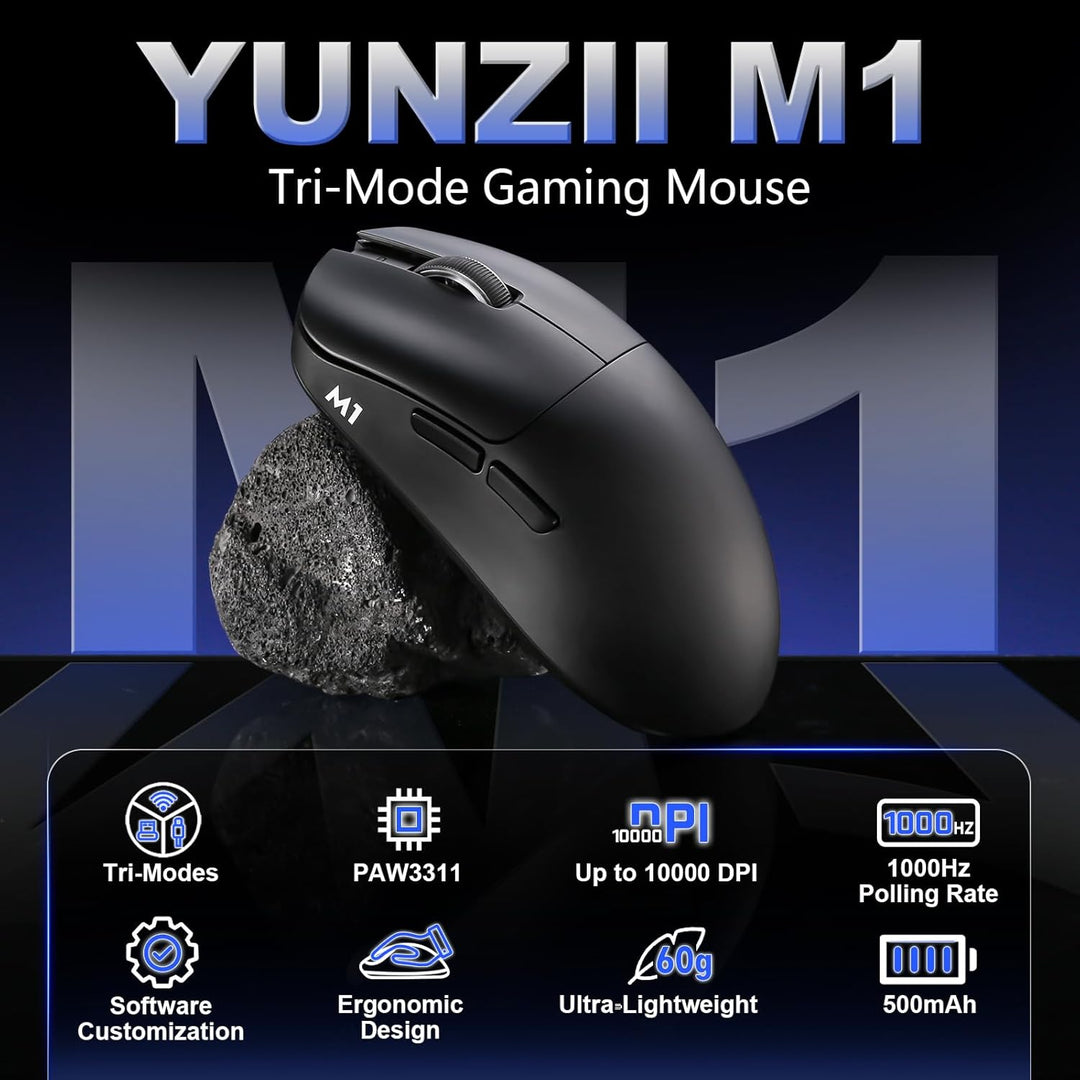 YUNZII M1 Kabellose Gaming-Maus, BT/2.4G Wireless/Wired Ultralight Mouse, PAW3311-Sensor 10000 DPI,