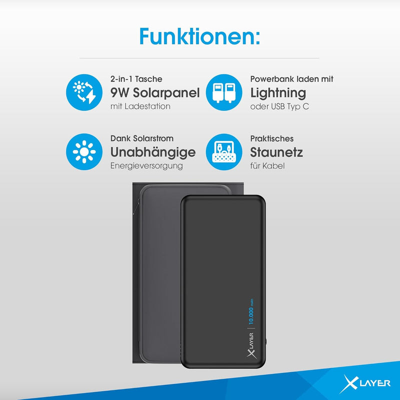 XLayer Wireless Solar Powerbank I 10.000mAh 15W I MagSafe kompatibel I Solarpanel I USB C Schnelllad