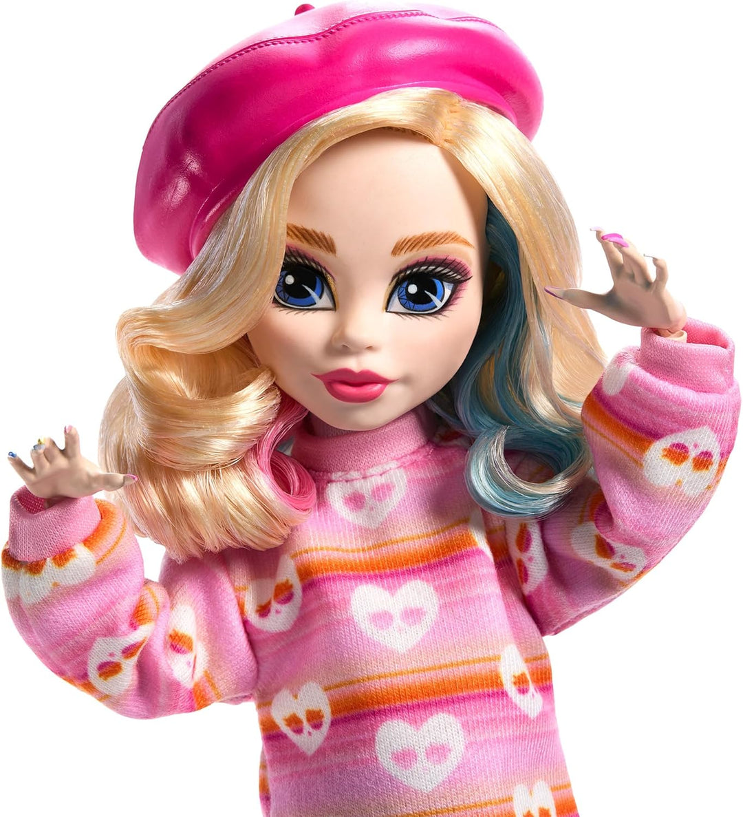 Monster High Wednesday Puppe und Accessoires, Enid Sinclair Sammelfigur in pink mit Baskenmütze und