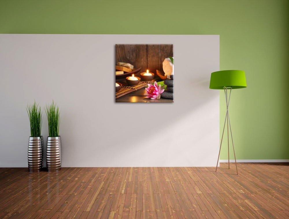 Pixxprint Kerzen mit Zen Steinen und Seerose, Format: 70x70 auf Leinwand, 70x70