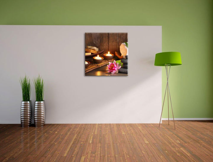 Pixxprint Kerzen mit Zen Steinen und Seerose, Format: 70x70 auf Leinwand, 70x70