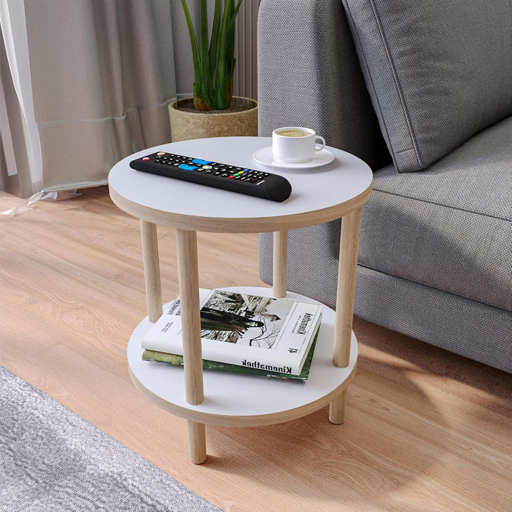 Beistelltisch rund Holz, Ø 42,5 cm, Kleiner Couchtisch rund aus Holz, 2 Ablagen mehr Stauraum, Ideal