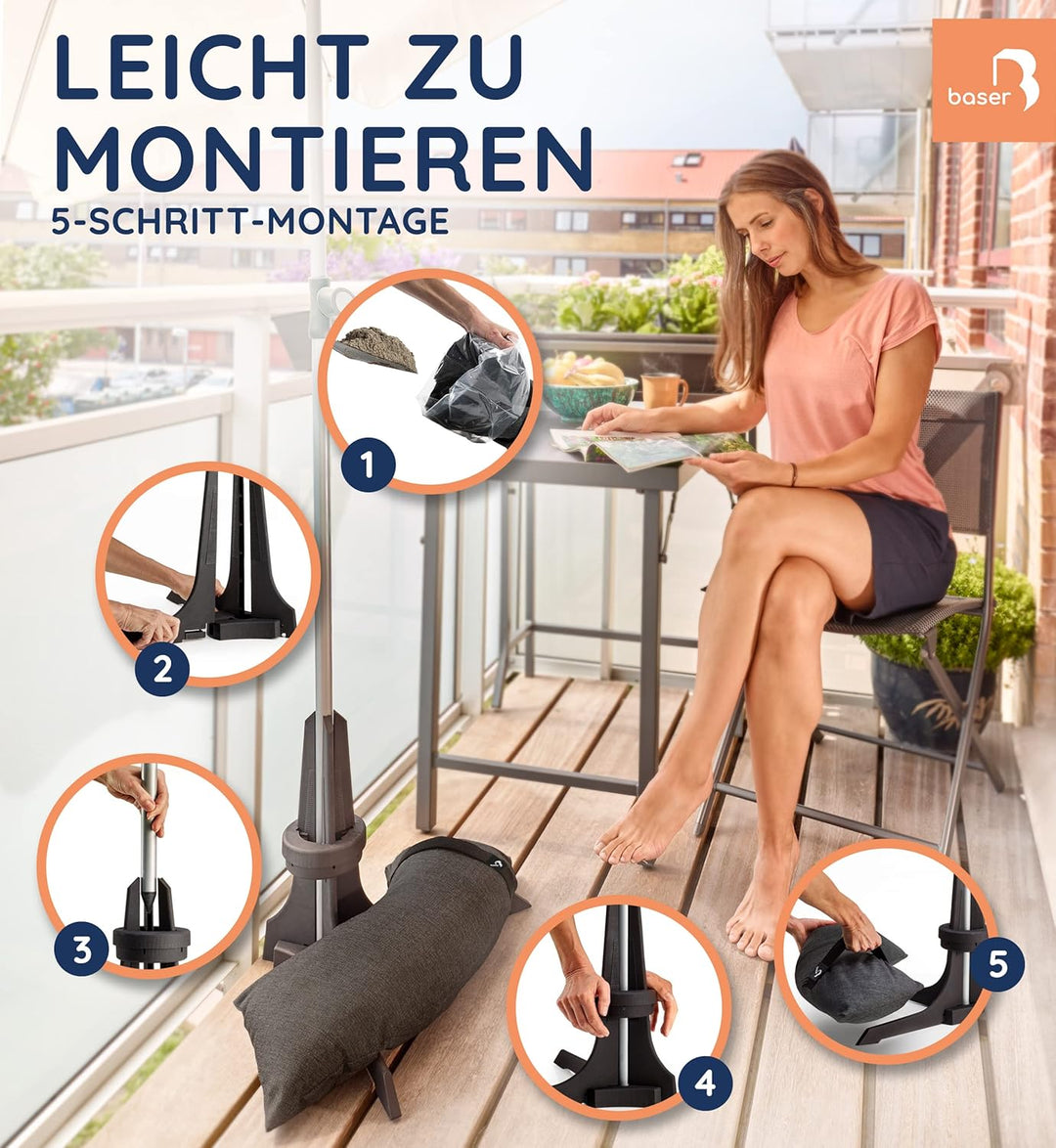 Balkon-Sonnenschirmständer von Baser mit befüllbaren Sandsäcken als Gewichte (20 bis 50 kg), für Sch