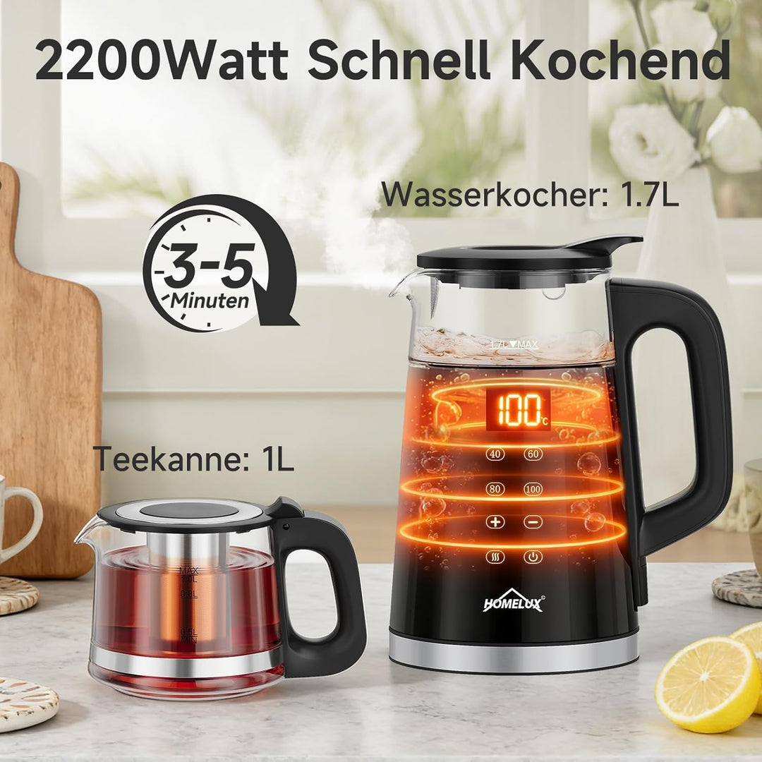 Glas Wasserkocher 1.7L + 1L, 2200W Teekocher Teekannen mit Warmhaltefunktion und Teetrichter, Wasser