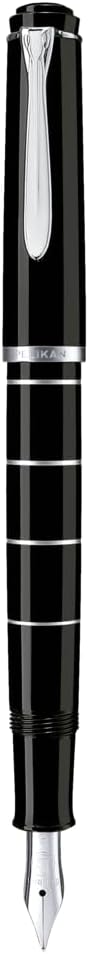 Pelikan Füllhalter Classic 215, Schwarz-Ringe, Feder B (breit), hochwertiger Kolbenfüller im Geschen