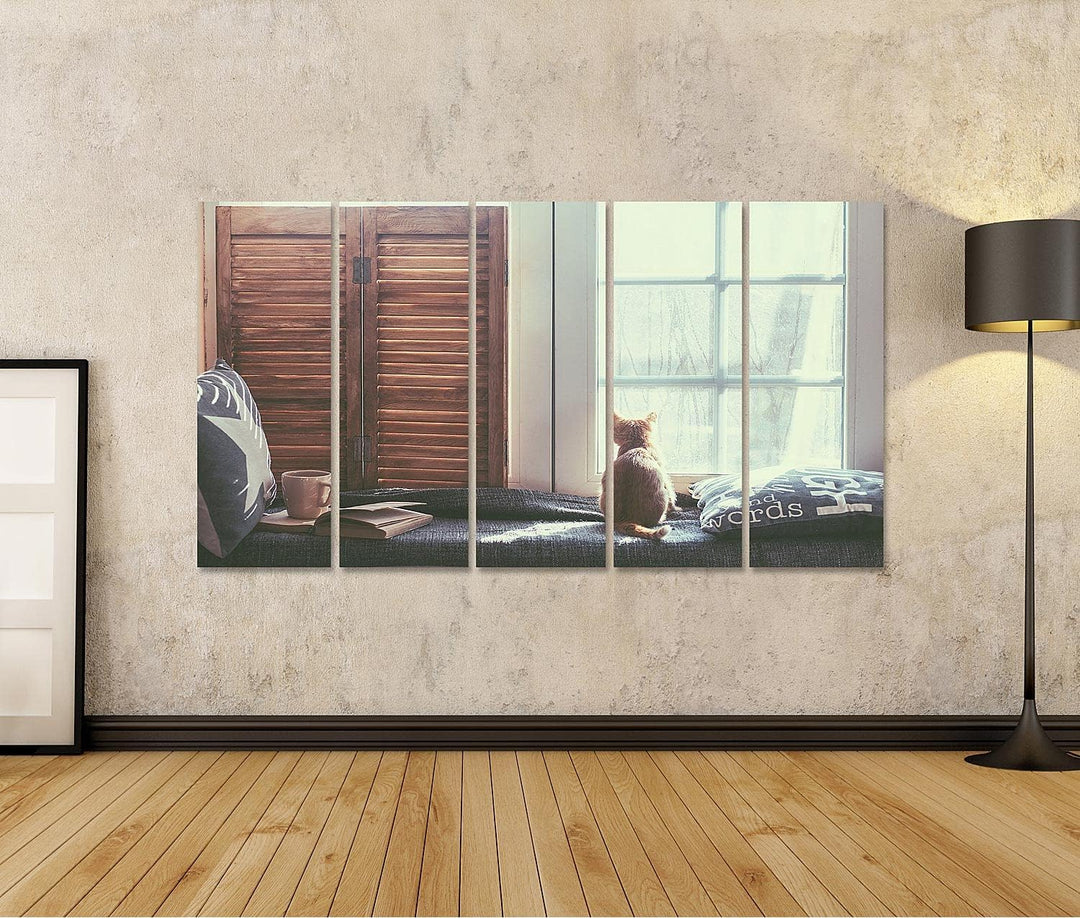 islandburner Bild auf Leinwand Katze Warm Gemütlich Fenster Buch Bilder Wandbilder Poster, Leinwand
