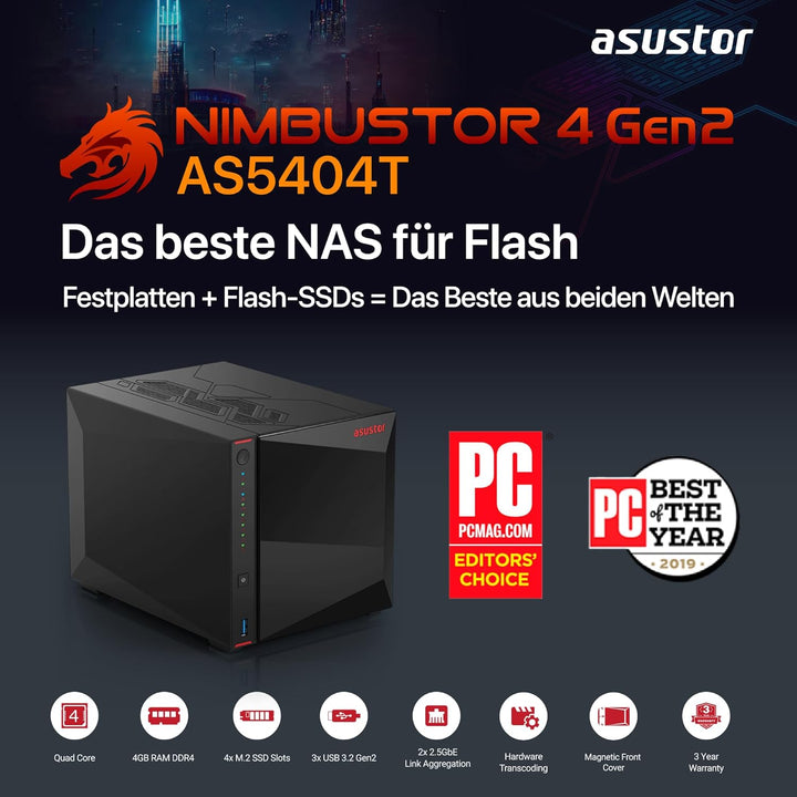 Asustor AS5404T Nimbustor 4 Gen2-4 Bay NAS Netzwerkspeicher Gehäuse, Quad-Core 2,0GHz CPU, 4xM.2 NVM