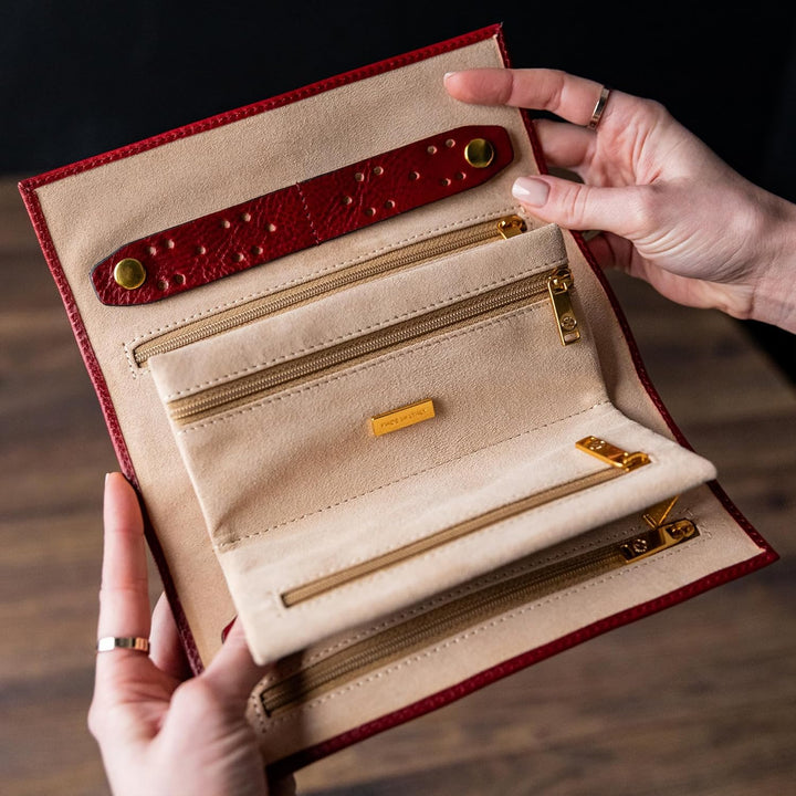 Time Resistance Rot Leder Schmuck Organizer – 100% Leder Schmuckrolle für Reisen Hergestellt in Ital