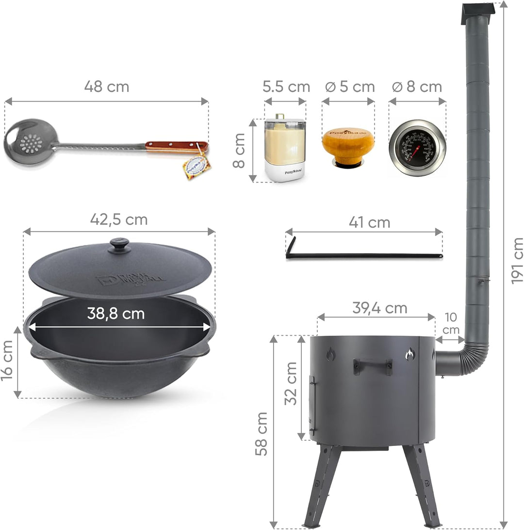 Feuerofen Utschak Ø 40 cm mit Gusseisen Kazan 12L | Uchag mit Rohrverlängerung &amp; Schaumlöffel 48 cm
