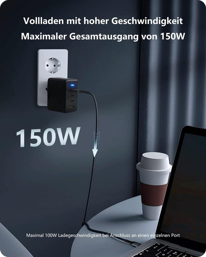 150W GaN USB-C Ladegerät Netzteil mit Schnellladeleistung, envircell 4 Ports Charger PD Ladegerät mi