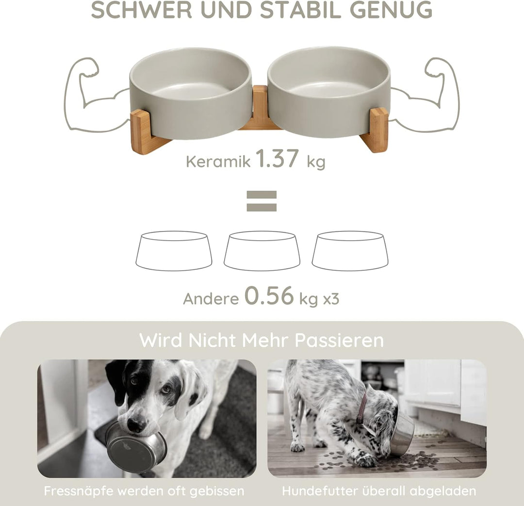 SPUNKYJUNKY Hundenapf Keramik Doppel Hund Futternapf mit Bambus Ständer für Katzen und Hunde (400ml,