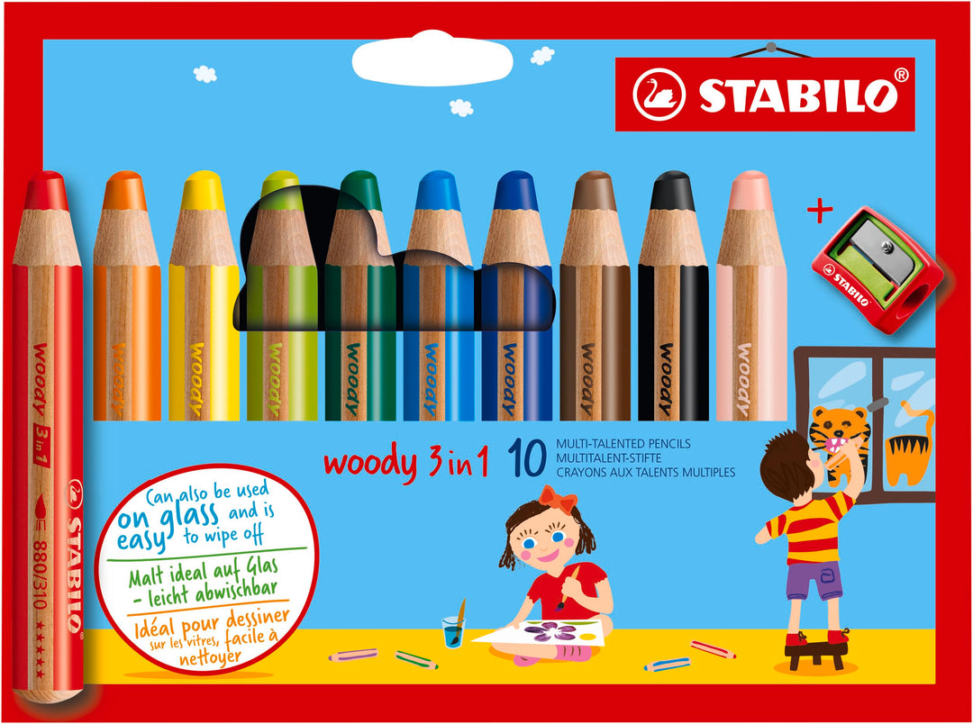 Buntstift, Wasserfarbe & Wachsmalkreide - STABILO woody 3 in 1 - 10er Pack mit Spitzer - mit 10 vers