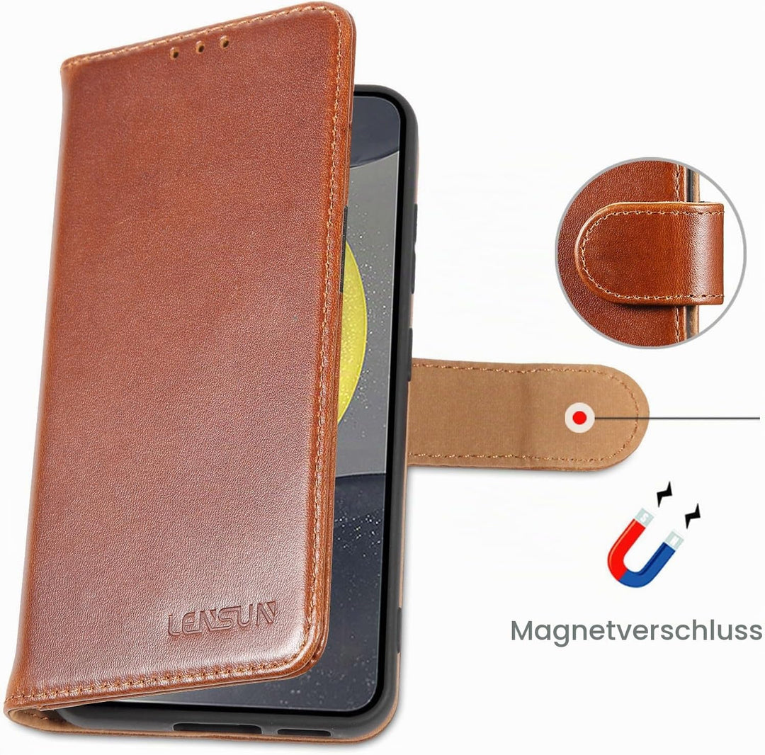 LENSUN Hülle für Samsung Galaxy S24 Echtleder, Handyhülle [Echtes Leder][Standfunktion][RFID Schutz]