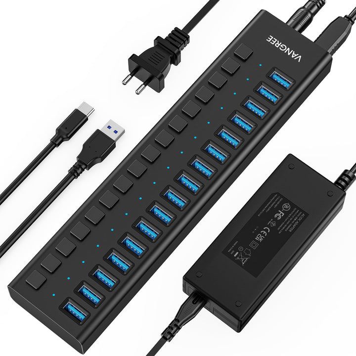 Powered USB Hub 10Gbps, 16 Ports 96W USB 3.2 Hub, Individual On/Off Switches, 12V/8A Power Adapter,