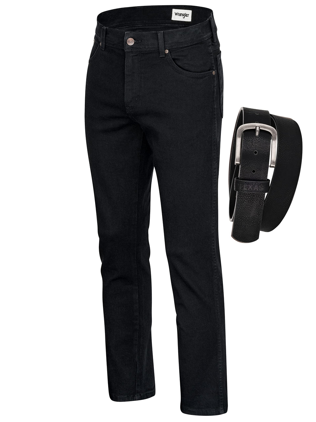Wrangler Texas Stretch Herren Jeans Regular Fit inkl. Gürtel (W44/L34, Black)