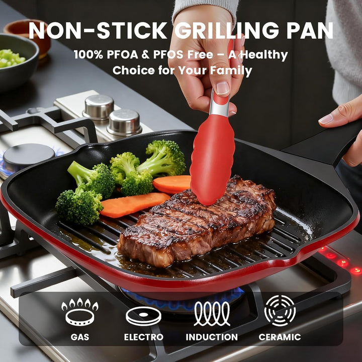 Grillpfanne 28 x 28 cm mit Ausguss, Steakpfanne quadratisch gerillt Antihaftbeschichtetes Aluminium,