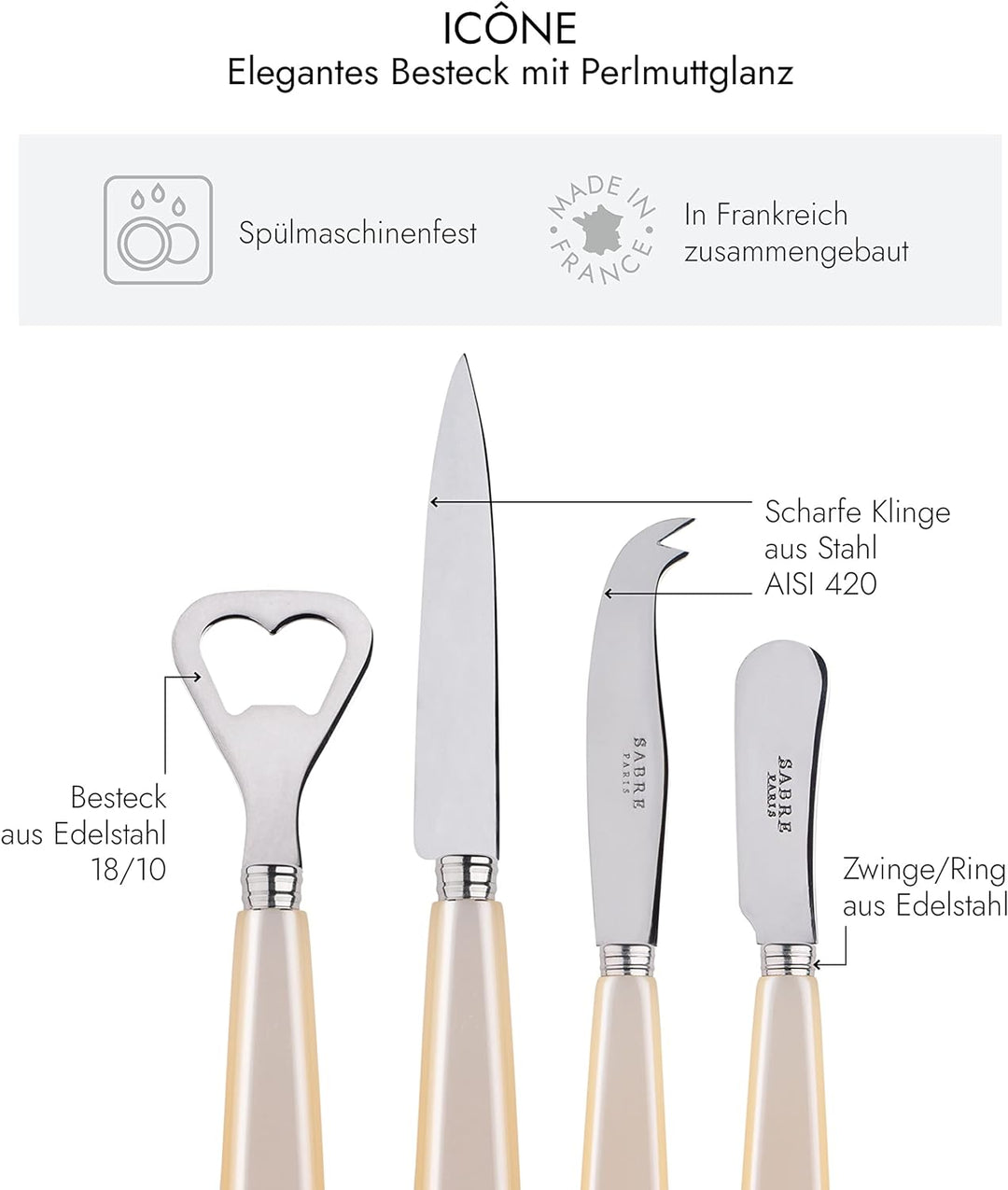 SABRE PARIS - Apero-Set, 4-teilig - Icon - Flaschenöffner, Spickmesser, kleines Käse- & Buttermesser