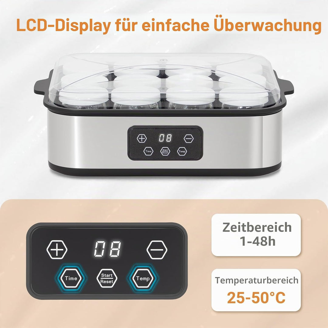 Todeco Joghurtbereiter mit 12 Gläsern à 180ml, Elektrischer Joghurtmaschine aus Edelstahl, Einstellb