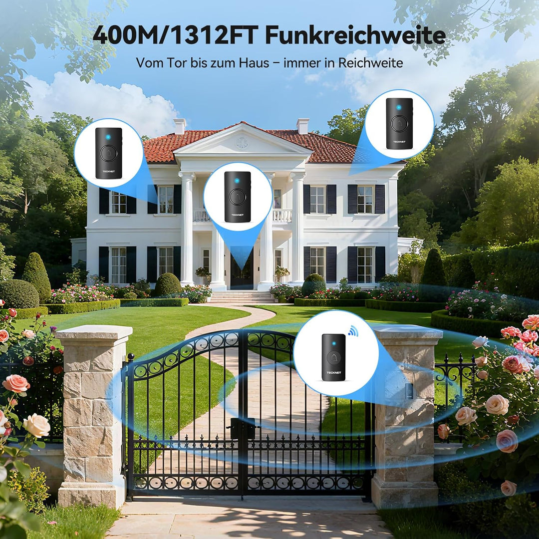 TECKNET Funkklingel, Funkklingel Batteriebetrieben mit 3 Empfänger 1 Sender, 400m Reichweite IP67 Fu