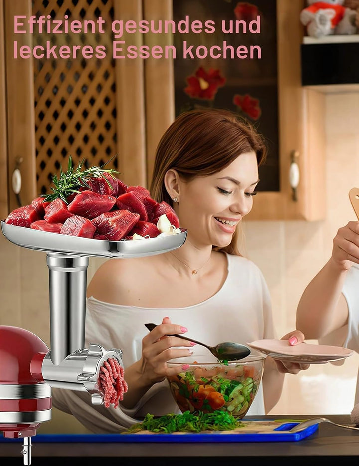 Fleischwolf Aufsatz für KitchenAid Standmixer, Edelstahl Fleischwolf Aufsatz Enthält 3 Wurstfüller,