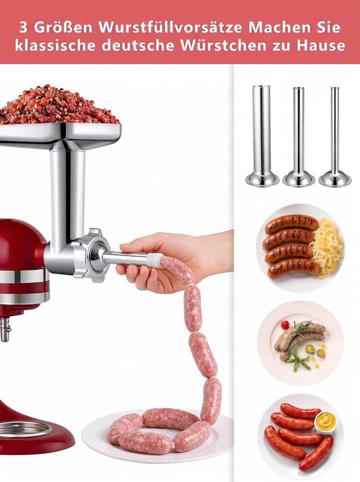 Fleischwolf &amp; Aufsätze für KitchenAid Standmixer, Kitchenaid Zubehör Mixer mit 3 Wurstfüllhörner, 3