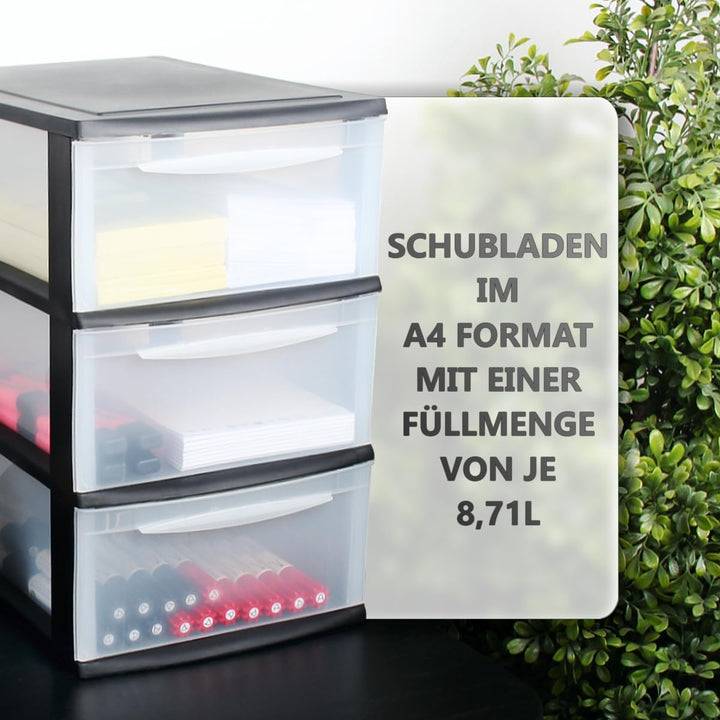 Schubladenbox A4 Schubladenschrank Kunststoff Schreibtisch Organizer mit 3 transparenten Schubladen