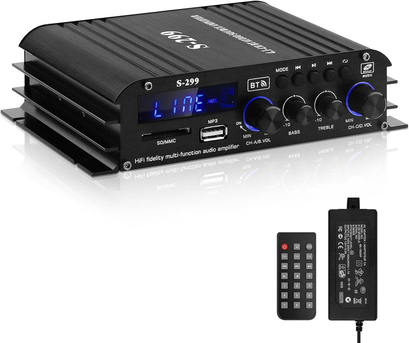 S-299 4.1-Kanal HiFi Verstärker, RMS 40Wx4+50W Bluetooth Mini Audio Verstärker Max. 800W Leistung Pa