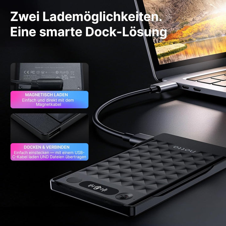 KI-Sprachrecorder, Notta Memo Digitales Diktiergerät(Schwarz), inkl. Memo MagBridge, KI-Transkriptio