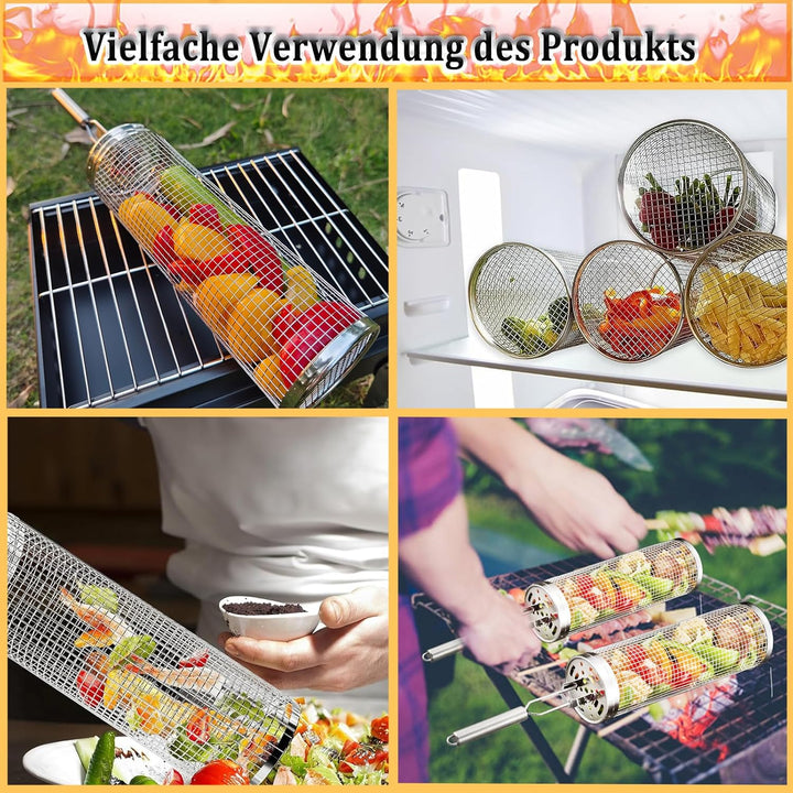 2 Stück Grillkorb Edelstahl mit Abnehmbarem Griff, Grill Zubehör BBQ GrillgemüSe Grillkorb Zylindris