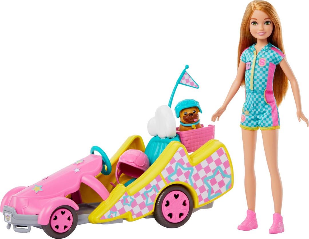 Barbie und jüngere Schwester Stacie - Gokart Abenteuer Spielset mit praktischem Hundekorb zum Anbrin