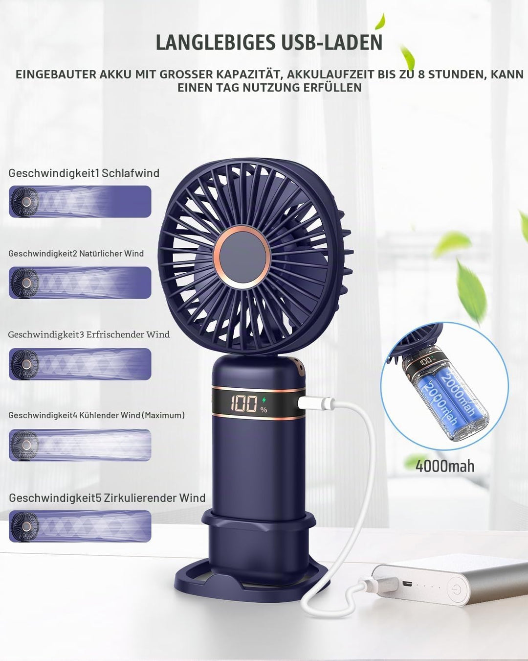 FAPPEN Handventilator, Tragbarer USB-Handventilator, Faltbarer Mini Ventilator mit Sockel und Umhäng