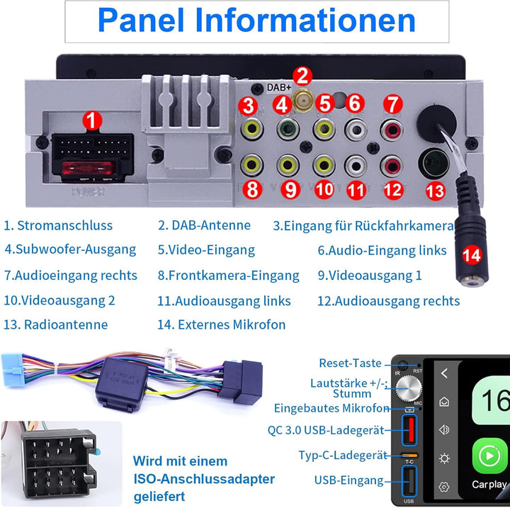 6,9 Zoll 1 Din Autoradio mit drahtlosem CarPlay &amp; Android Auto, Bluetooth, Full-Touch-Autoradio-Disp