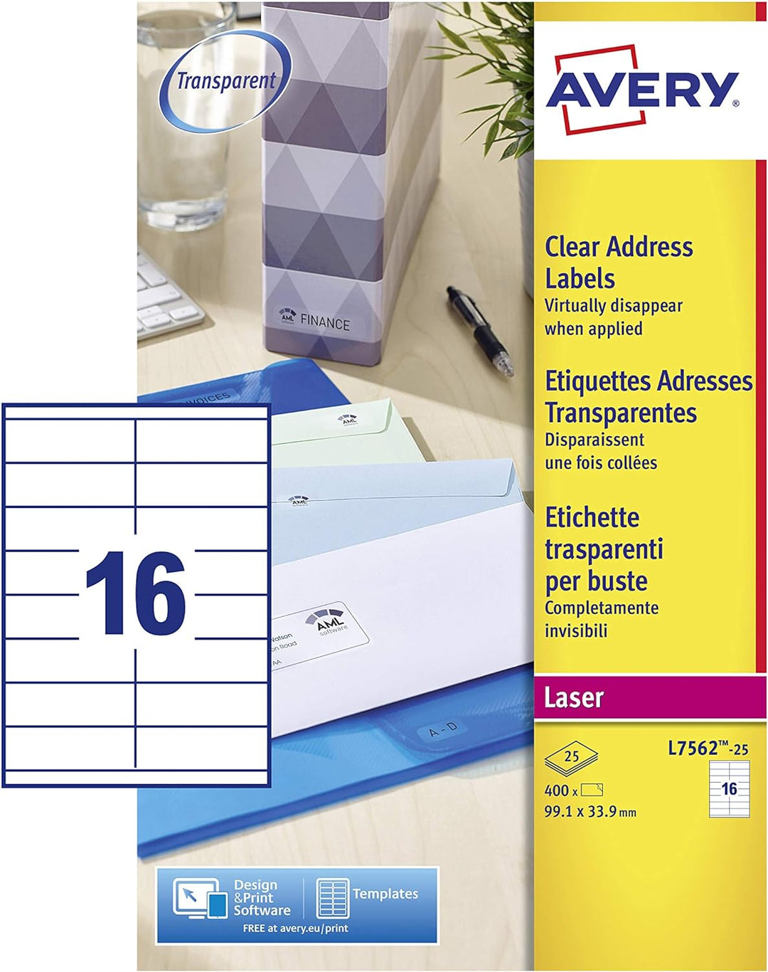 Avery L7562-25 Adressetiketten 16 pro Blatt 99,1 x 33,9 mm 400 Stück transparent