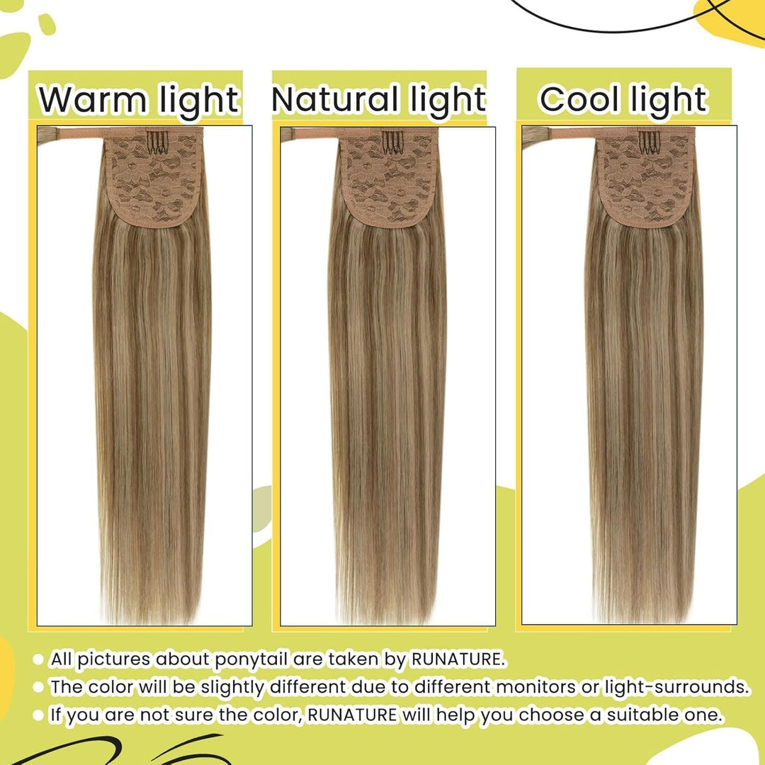 RUNATURE Ponytail Extension Echthaar Braun Highlight Blond 30cm Kurz Menschliches Haar 70g Echthaar