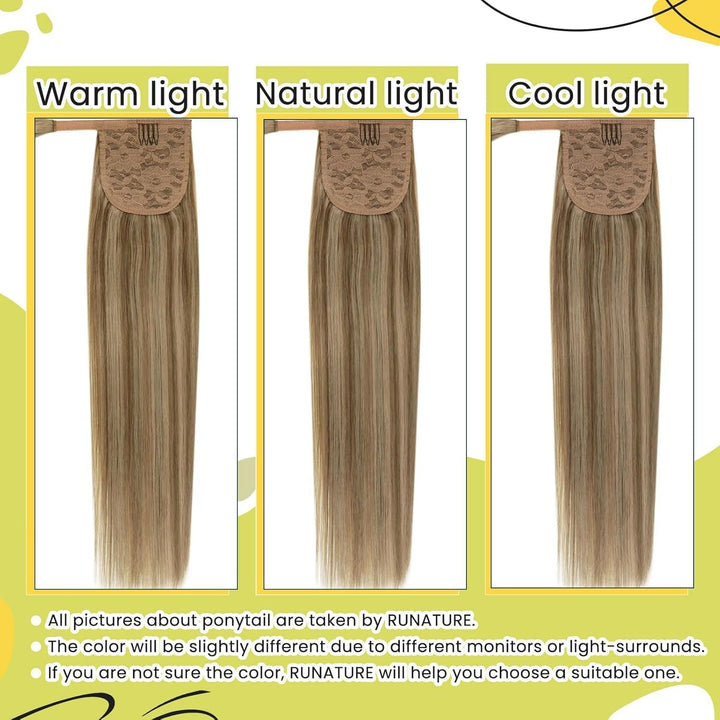RUNATURE Ponytail Extension Echthaar Braun Highlight Blond 30cm Kurz Menschliches Haar 70g Echthaar