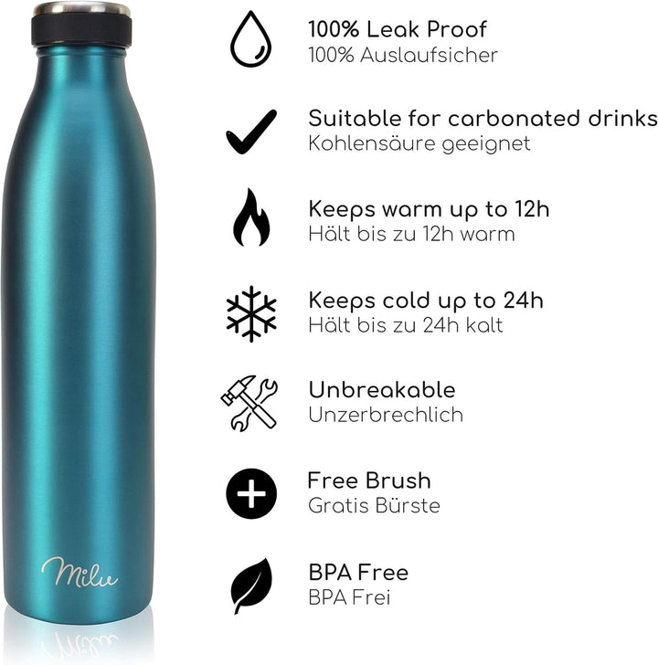 Milu Thermoflasche 350ml 500ml 750ml 1L 1,5L Isolierte Edelstahl Trinkflasche Thermoskanne Auslaufsi
