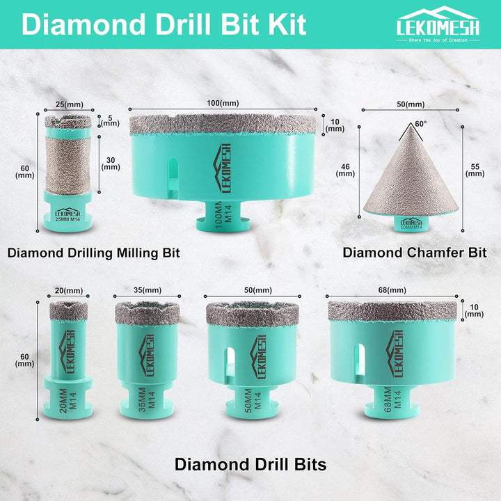 Diamant Bohrkrone Kit - 7pcs (20/35/50/68/100mm+25 Bohren Fräsen+50mm Diamant Fasenfräser) LEKOMESH