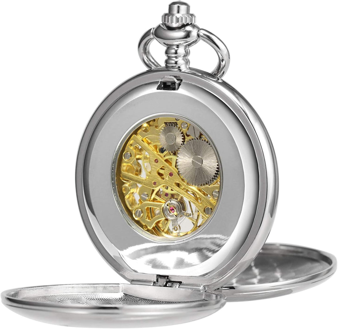 TREEWETO Unisex Taschenuhr mit Kette Analog Handaufzug Doppelscharnier Antik Graviert Römische Silbe
