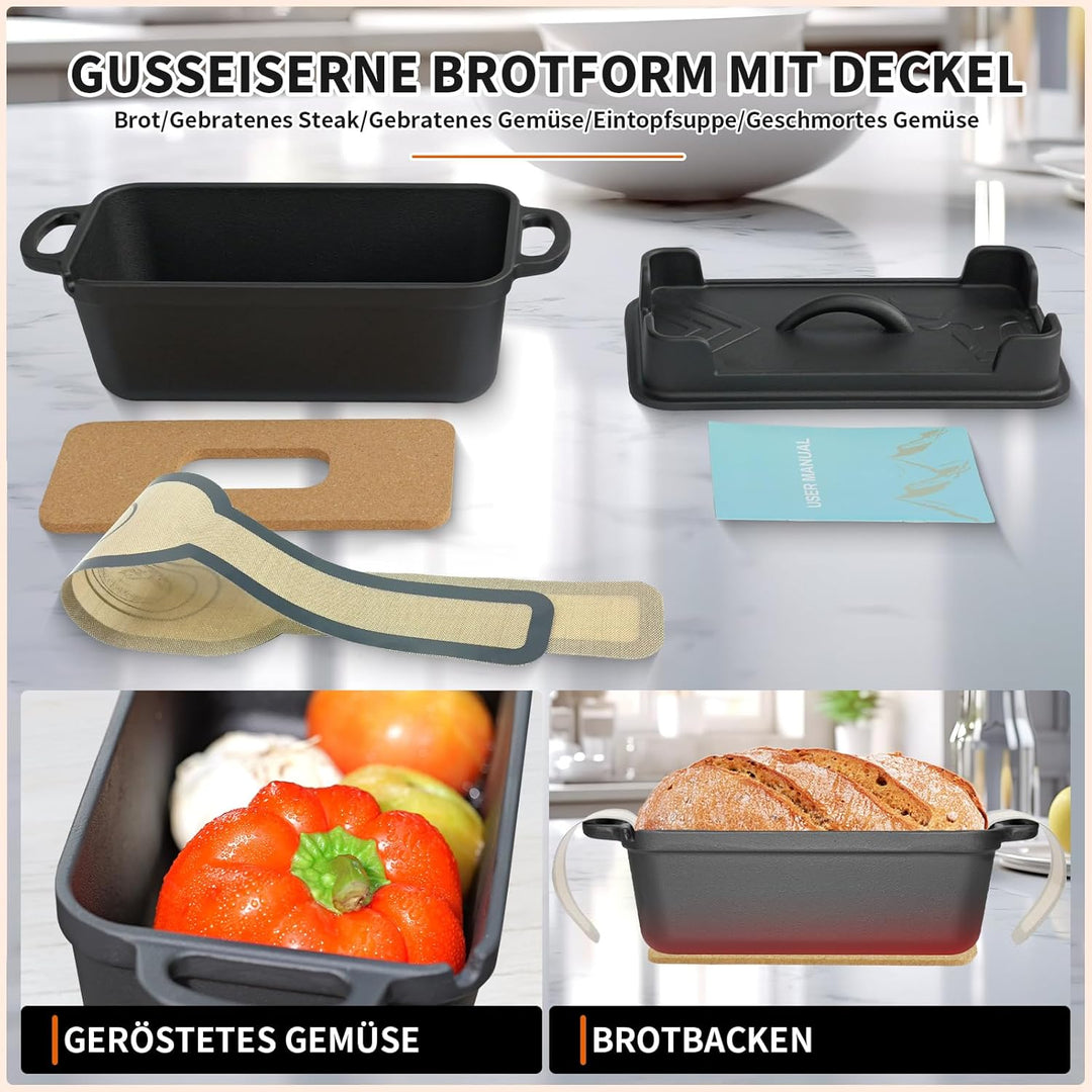 Illidan Gusseisen Brotbackform mit Deckel, 2-in-1 Broodbakvormen Voor Brood,Rechteckig Sauerteig Bro