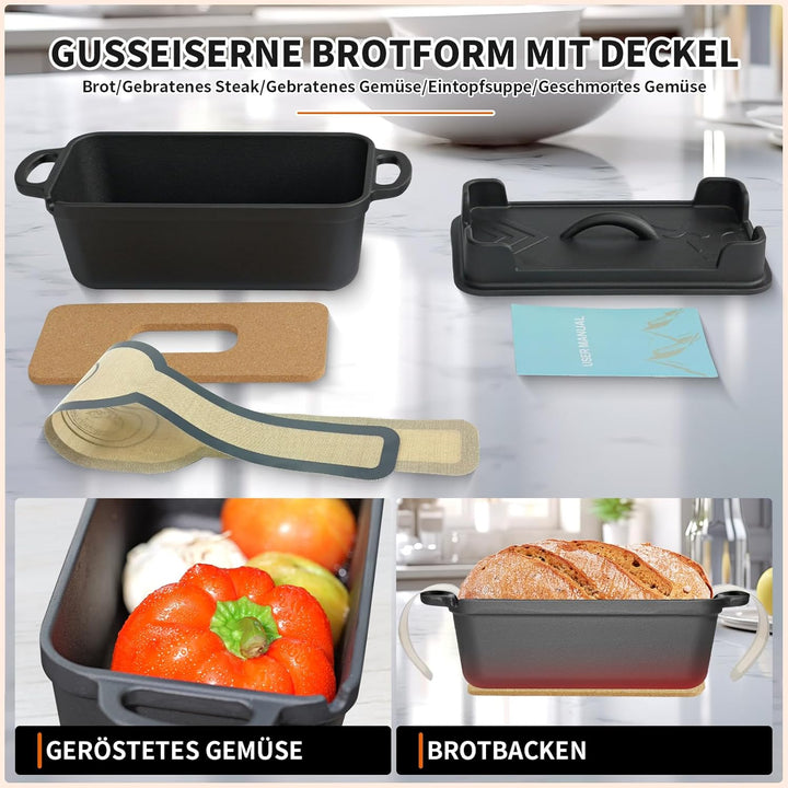 Illidan Gusseisen Brotbackform mit Deckel, 2-in-1 Broodbakvormen Voor Brood,Rechteckig Sauerteig Bro