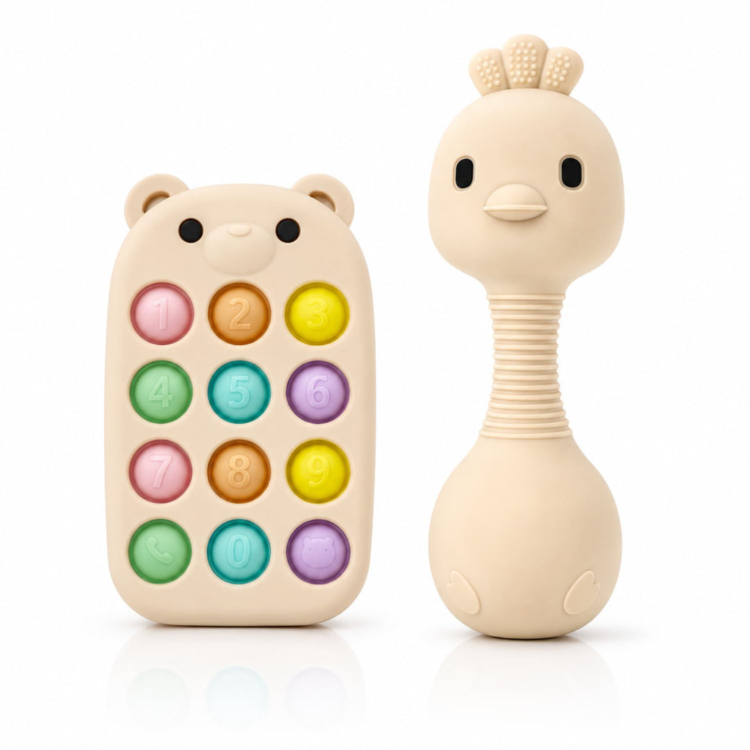 MuyPetit Rassel Giraffe und Beissring für Babys (Beiges Küken), Beiges Küken