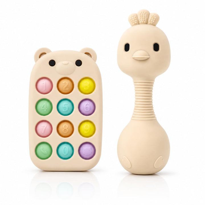 MuyPetit Rassel Giraffe und Beissring für Babys (Beiges Küken), Beiges Küken