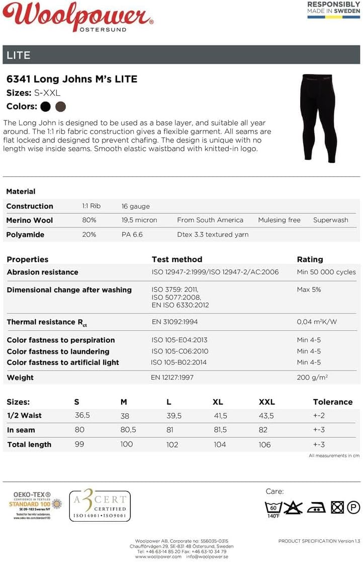 Woolpower Lite Long Johns Pant Men - Merino Funktionsunterwäsche XL Schwarz, XL Schwarz
