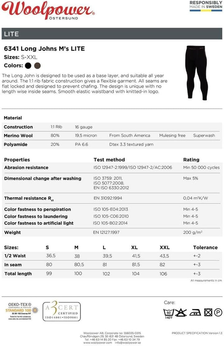 Woolpower Lite Long Johns Pant Men - Merino Funktionsunterwäsche XL Schwarz, XL Schwarz