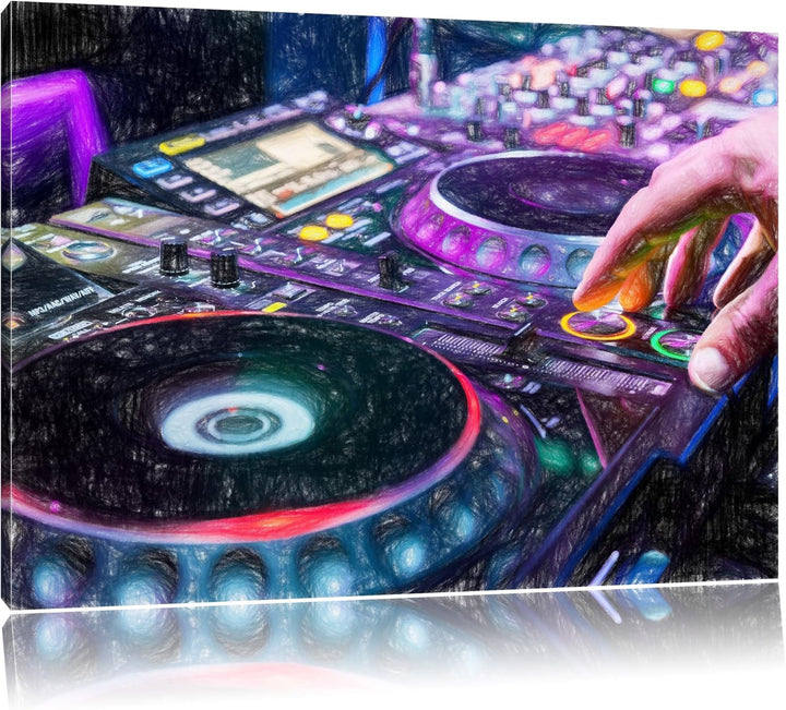 Pixxprint Modern beleuchteter DJ Pult Bunstift Effekt, Format: 100x70 auf Leinwand, 100x70