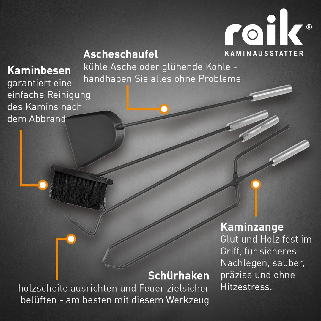 raik Kaminbesteck Set Arthur 4-teilig inkl. Rindsleder Ofenhandschuh schwarz Kamingarnitur Stahl Sch