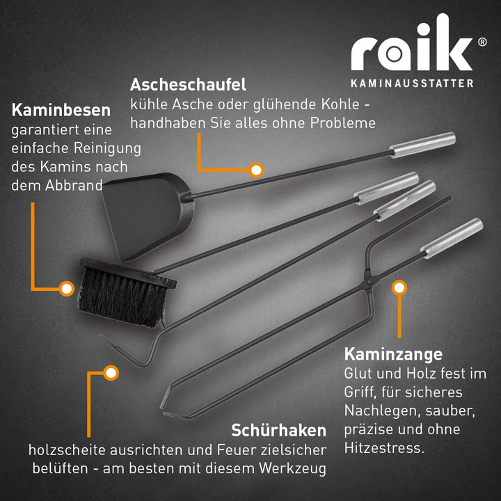raik Kaminbesteck Set Arthur 4-teilig inkl. Rindsleder Ofenhandschuh schwarz Kamingarnitur Stahl Sch