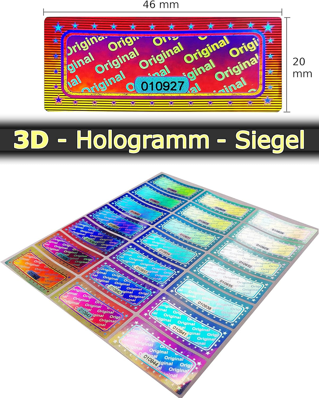 1000 Stk - 3D Hologramm Original-Siegel mit Seriennummer - 46x20mm silber glänzend - Sicherheitssieg
