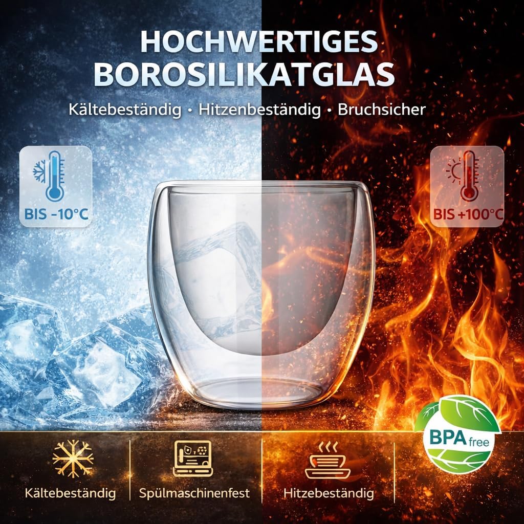 Espressotassen Glas 80 ml 10er Set, Doppelwandige Espressogläser aus Borosilikatglas, Thermo Kaffeeg